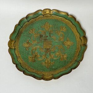 Vintage Florentine Italy Hand-Painted Gilt Ornate Wooden Serving Tray 12" Scallo